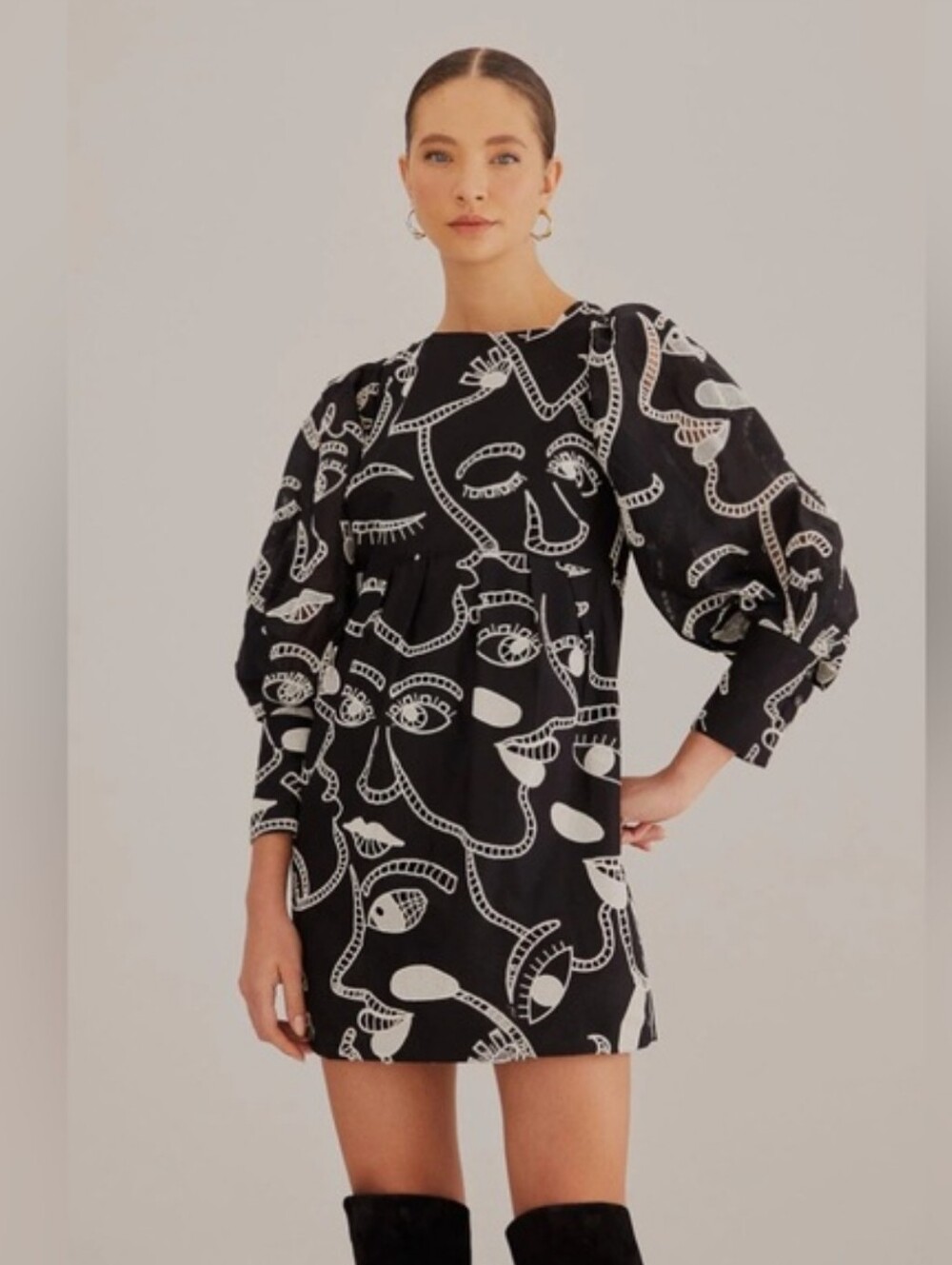 Farm Rio Richelieu Faces Mini Dress Abstract Embroidered Mini Dress Black XL NWT